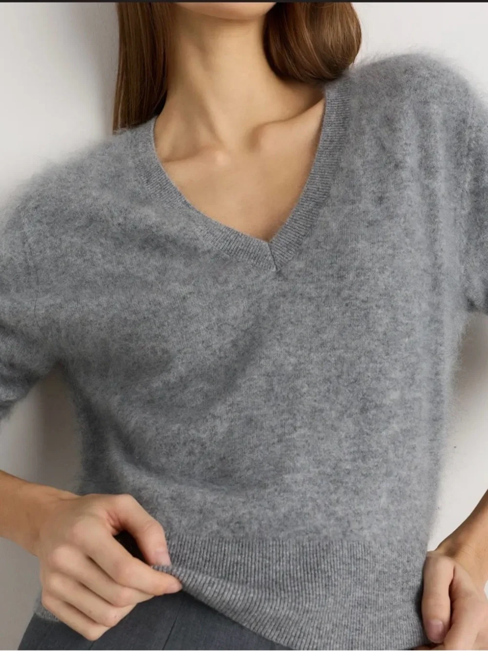 Quince Brushed Cashmere Shrunken V-Neck Sweater Gray Large NWT